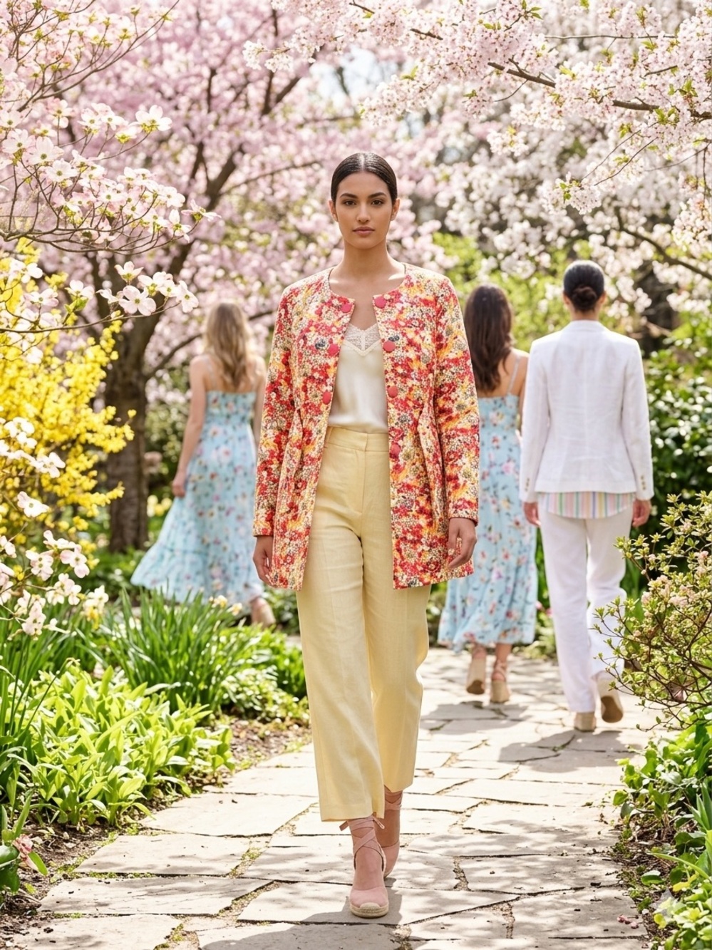 Tulle(Anthropologie)Floral Tie-Waist Trench Coat - Red, Yellow & White
